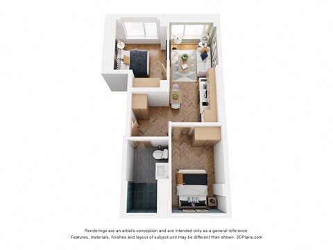 Floor plan for 2 beds, 1 bath, 499 sqft